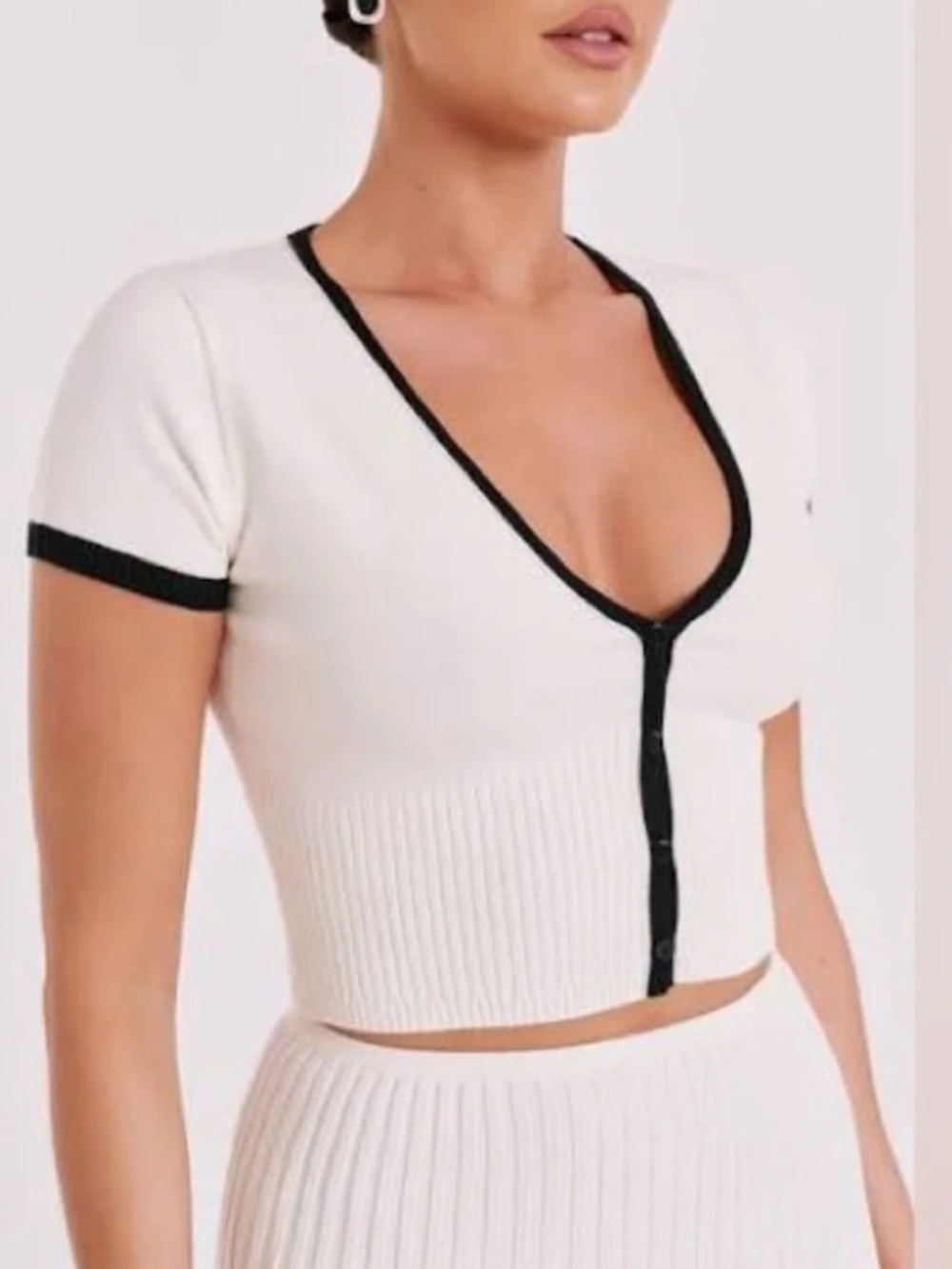 Meshki Jolene Contrast Button Up Knit Top Cardigan XXS White Black